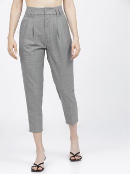 TOKYO TALKIES - Women Grey Checked High-Rise Pleated Formal Trousers