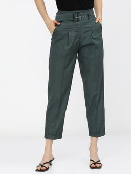 TOKYO TALKIES - Women Green Pleated Ankle Length Trouser With Belt (Set of 2)