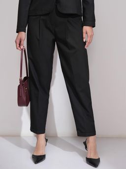 TOKYO TALKIES - Women Black Solid Formal Trouser with Belt (Set of 2)