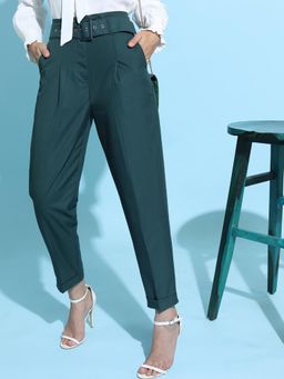 TOKYO TALKIES - Women Green Regular Fit Trouser with Belt (Set of 2)