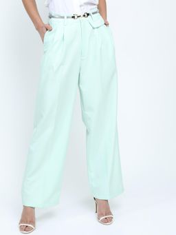 TOKYO TALKIES - Women Mint Green Pleated Parallel Wide Leg Trousers