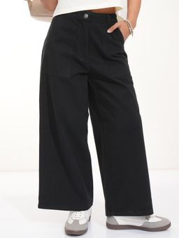 TOKYO TALKIES - Women Woven Black Solid Relaxed Utility Wide leg Pants