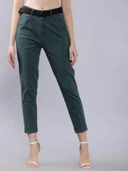 TOKYO TALKIES - Women Teal Green Regular Fit Solid Cropped Peg Trousers with belt (Set of 2)