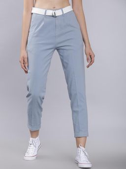 TOKYO TALKIES - Women Blue Regular Fit Solid Cropped Peg Trousers with belt (Set of 2)
