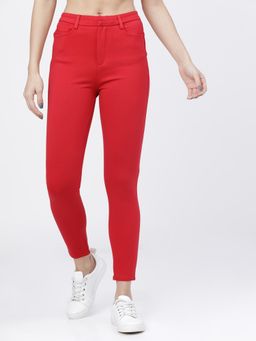 TOKYO TALKIES - Women Red Solid Slim Fit Cropped Trousers