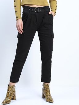 TOKYO TALKIES - Women Black Straight Fit Trouser with belt (Set of 2)