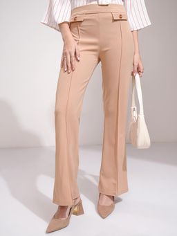 TOKYO TALKIES - Women Peach Solid High Waisted Flared Leg Pants