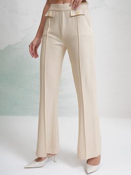 TOKYO TALKIES - Women Off White Solid High Waisted Flared Leg Pants