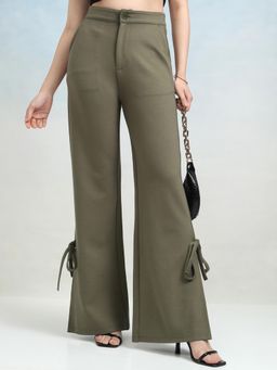 TOKYO TALKIES - Women Knitted Olive Solid Hi-Waist Boot Cut Pants With Bow
