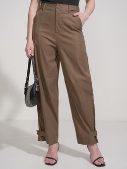 TOKYO TALKIES - Women Regular Fit High-Rise Flat-Front Cotton Trousers - Brown