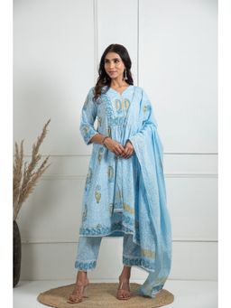 JS Label  - JS LABEL Blue Hand Block Printed Mulmul Dupatta