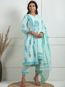 JS Label  - JS LABEL Mint Green Hand Block Print Mulmul Dupatta
