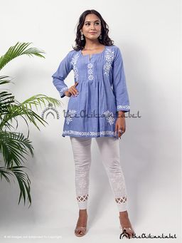 The Chikan Label - Ekaya Cambric Cotton Pentex Chikankari Blue Tunic