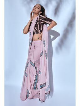 Nirmooha - Pink Printed Saree With Stitched Blouse