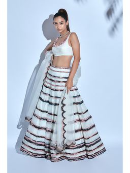Nirmooha - Hand-Embroidered Corded White Blouse With Skirt And Organza Dupatta
