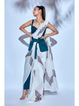 Nirmooha - White Printed Saree With Stitched Blouse