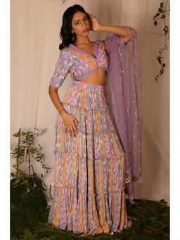 Nirmooha - Printed Blouse, Tiered Skirt And Hand-Embroidered Dupatta