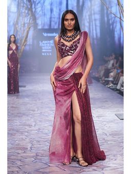 Nirmooha - Wine Pre Draped Saree With Stitched Blouse