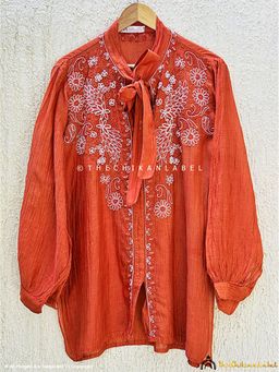 The Chikan Label - Anvi Mulmul Chanderi Chikankari Coral Semi Stitched Shirt
