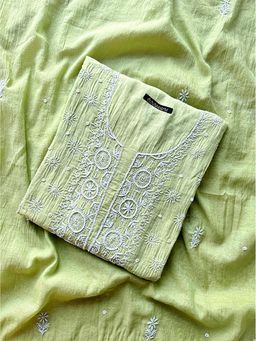 The Chikan Label - Pista Green Gulaal Chanderi Mulmul Semi Stitched Kurti with Dupatta