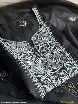 The Chikan Label - Black Safina Organza Chikankari Semi Stitched Kurta and Pant with Dupatta