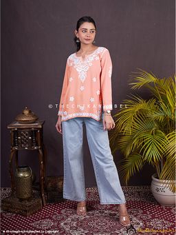 The Chikan Label - Sangeet Modal Chikankari Orange Tunic