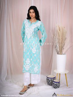The Chikan Label - Arisha Mulmul Chikankari Printed Straight Blue Kurta