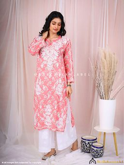 The Chikan Label - Arisha Mulmul Chikankari Printed Straight Peach Kurta