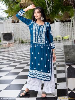 The Chikan Label - Amara Muslin Chikankari Straight Blue Kurta