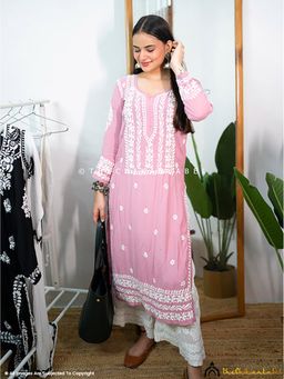 The Chikan Label - Amara Muslin Chikankari Straight Pink Kurta