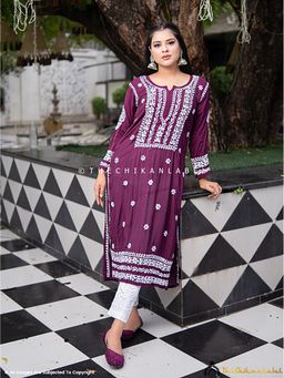 The Chikan Label - Amara Muslin Chikankari Straight Wine Kurta