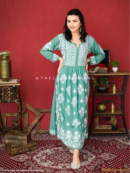 The Chikan Label - Zinia Modal Chikankari A-Line Green Kurta