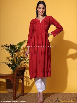 The Chikan Label - Titli Muslin Chikankari Red Anarkali
