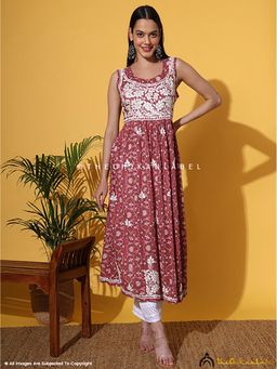 The Chikan Label - Rahila Mulmul Printed Sleeveless A-Line Coral Kurta