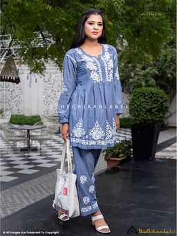 The Chikan Label - Laiba Denim Chikankari Grey Kurti with Pant Co-Ord Set