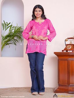 The Chikan Label - Rajia Kota Cotton Chikankari Pink Tunic