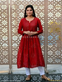 The Chikan Label - Red Rooh Chanderi Chikankari A-Line Anarkali