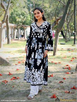 The Chikan Label - Biba Mulmul Cotton Chikankari Black Angrakha