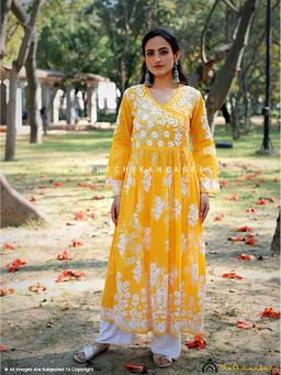 The Chikan Label - Biba Mulmul Cotton Chikankari Yellow Angrakha