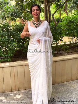 The Chikan Label - Prerna Chhabra White Heer Viscose Chikankari Saree with Unstitched Blouse
