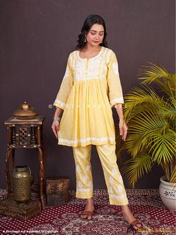 The Chikan Label - Kavya Mulmul Chikankari Yellow Kurti with Pant Co-Ord Set