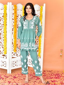 The Chikan Label - Rosa Modal Chikankari Green Kurti with Pant Co-Ord Set