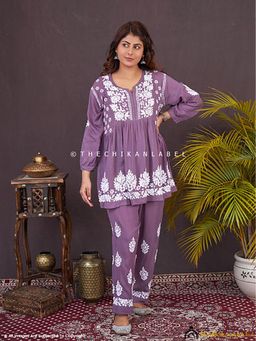 The Chikan Label - Rosa Modal Chikankari Mauve Kurti with Pant Co-Ord Set
