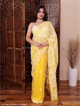 The Chikan Label - Yellow Sahira Georgette Chikankari Half Jaal Saree with Unstitched Blouse