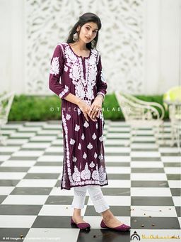The Chikan Label - Safa Muslin Chikankari Straight Wine Kurta