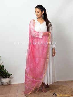 The Chikan Label - Pink Organza Floral Chikankari Dupatta