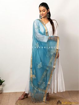 The Chikan Label - Blue Organza Floral Chikankari Dupatta