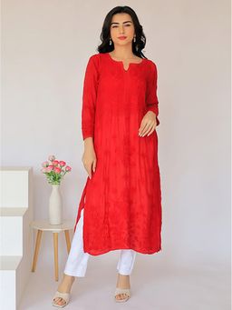 The Chikan Label - Arzu Upada Silk Chikankari Straight Red Kurta