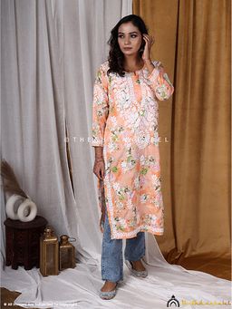 The Chikan Label - Peach Chah Mulmul Cotton Printed Straight Chikankari Kurta