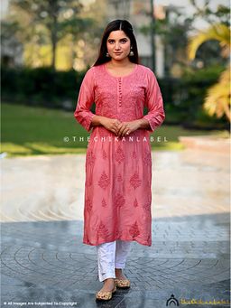 The Chikan Label - Aniya Chanderi Chikankari Straight Peach Kurta